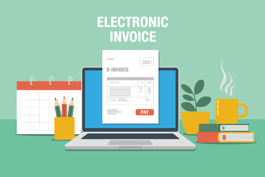 Flat of electronic invoice payment on laptop with currency and plants
