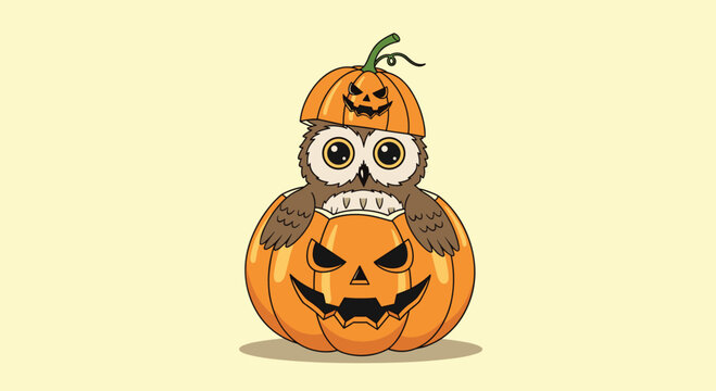Adorable owl character wearing a jack-o-lantern pumpkin hat and sitting inside a carved pumpkin for halloween celebration.