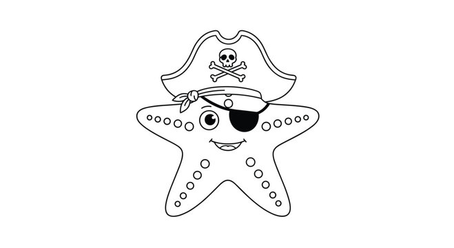Simple black and white line art coloring page of a cute starfish character wearing a pirate hat and eyepatch decoration.