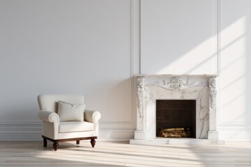 Fototapeta premium Cozy armchair and ornate fireplace in a bright, sunlit room.