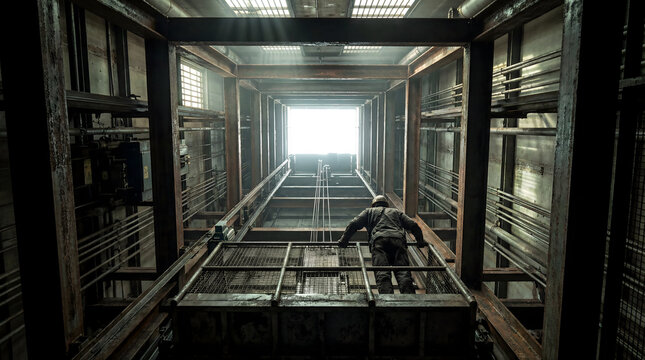 Industrial worker ascending dark elevator shaft towards light