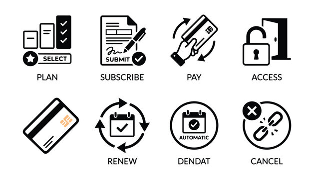 Set of vector icons for business subscription and payment process.