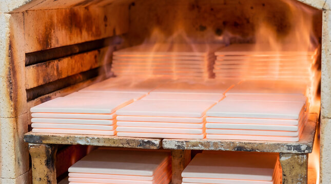Ceramic tiles firing process in an industrial kiln oven