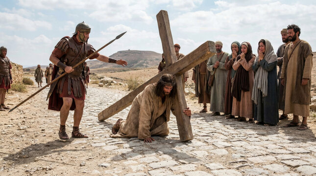 Jesus struggles with the cross on a dusty road.. Jesus Christ with the cross on his shoulder, biblical scene