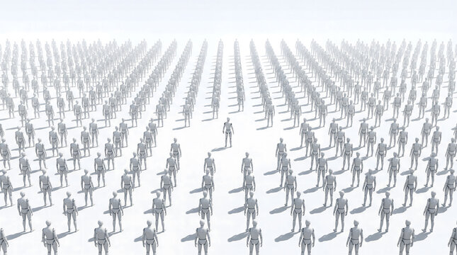 Robot standing out from crowd of identical mannequins