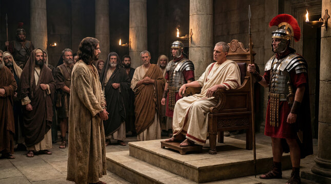 Jesus stands before Pontius Pilate in a biblical scene.. Jesus before Pontius Pilate, biblical scene