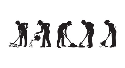 Gardening silhouettes performing various tasks like watering planting raking and sweeping outdoors © Nuruzzaman