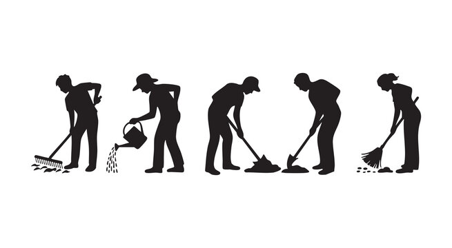 Gardening silhouettes performing various tasks like watering planting raking and sweeping outdoors