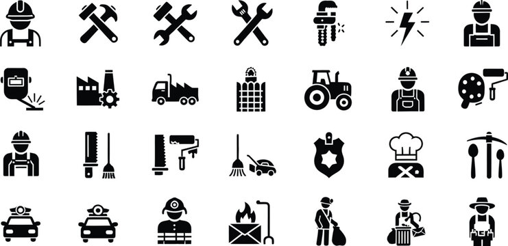 Professional occupations and industrial worker service icons with profession industry employee construction cleaning