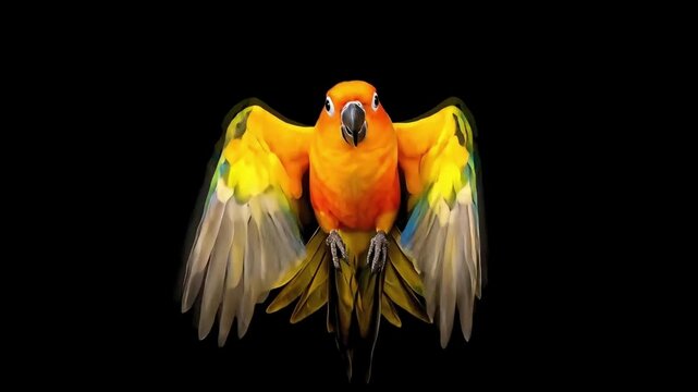 Sunconure parrot flying forward in slow motion with black background