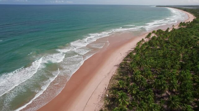 Taipu de Fora, Bahia, Brazil - 9 April 2026: Aerial view of a beautiful tropical beach with white wave