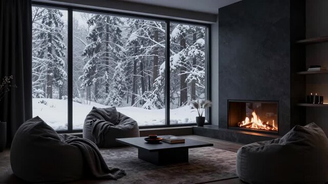 Cozy Modern Living Room with Snowy Forest View and Warm Fireplace
