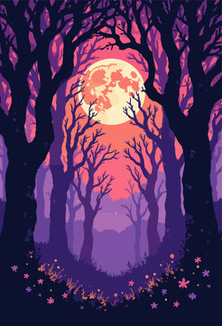flat poster mimicking intricate black papercut silhouettes Scherenschnitte style tangled, enchanted forest framing glowing, ethereal purple moon Highly detailed, almost lacelike black lines