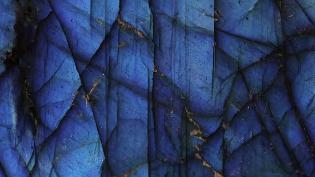 Labradorite stone. Close-up of blue labradorite stone texture. Cracked surface with golden flecks. Rich, deep blue color gradients. Natural mineral patterns. Abstract background for design.