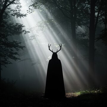 Mysterious figure with antlers in a misty forest bathed in light 