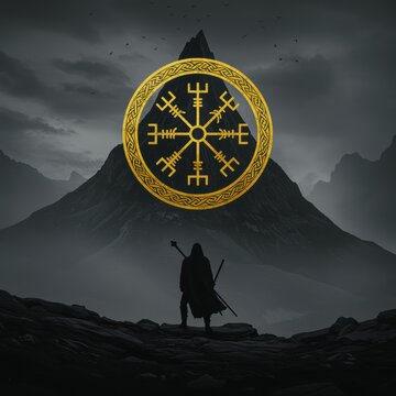 A person standing below a symbolic design, against the background of a majestic mountain range. This evocative scene blends elements of nature with the allure of spiritual or cultural symbolism