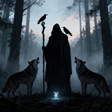 Mysterious cloaked figure standing in a shadowy forest with ravens and howling wolves