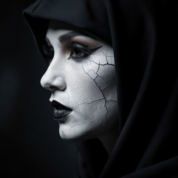 An artistic portrait of a woman with a cracked skin effect and a hooded cloak, showcasing a dramatic and mysterious aesthetic