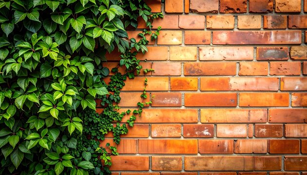 A vibrant shot of a brick wall partially covered with lush green leaves and vines. The sunlight creates a contrast