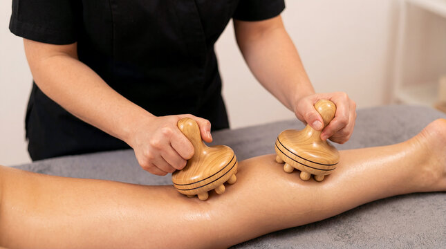 Person receiving maderotherapy wood massage on their leg with wooden tools at Spa