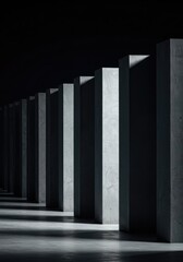 Naklejka premium A sequence of identical concrete architectural modules creating a strong linear pattern interrupted by a single empty void, unit, missing, rhythm