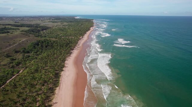 Taipu de Fora, Bahia, Brazil - 9 April 2026: Aerial view of a beautiful tropical beach shoreline
