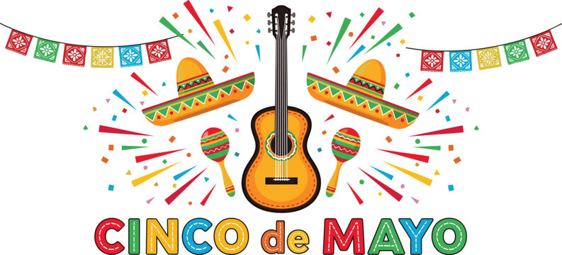 Cinco de Mayo fiesta with acoustic guitar, sombreros, maracas, confetti, and festive banners, lively Mexican celebration.