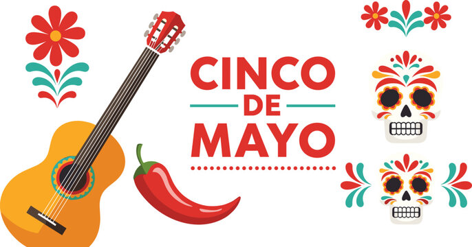 Cinco de Mayo festive banner with acoustic guitar, sugar skull, chili pepper, and floral accents, vibrant Mexican celebration.