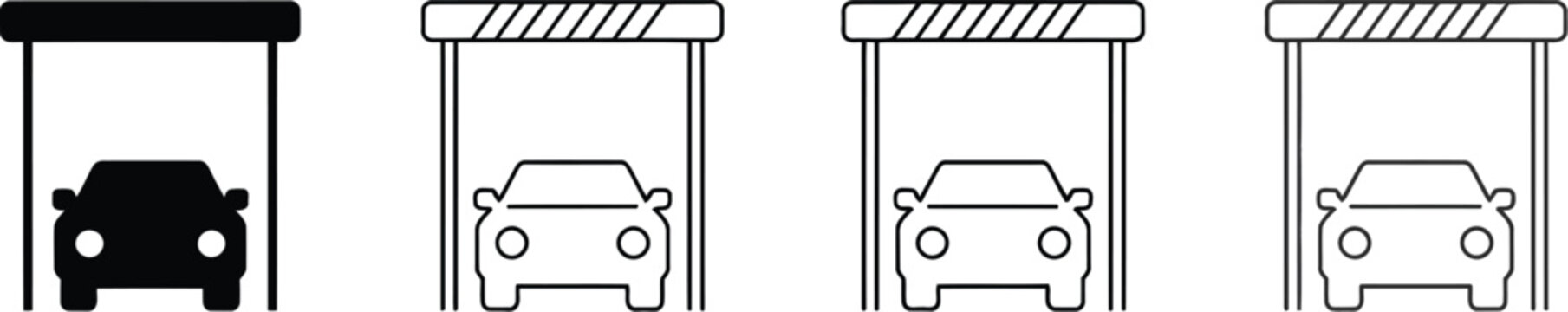Car barrier icon set, vector collection of barricade toll gates parking entrance open and closed barriers with ticket symbols for transport and traffic control design.