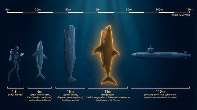 A detailed infographic in deep blue illustrates the awe-inspiring scale of a glowing megalodon compared to marine life, a human, and a submarine in the deep ocean.