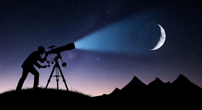 Night Sky Explorer: Silhouette of a person gazing at the celestial tapestry, a telescope amplifying the crescent moon's serene beauty under a star-studded sky, embodying the pursuit of knowledge.