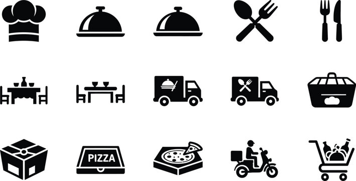 Food delivery and catering services black silhouette icon set for restaurants and takeaway with delivery, catering