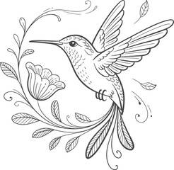 Fototapeta premium Elegant hummingbird line art illustration with floral wreath and garden flowers, minimalist bird sketch for home decor, nature conservation, and decorative wall art isolated on white.