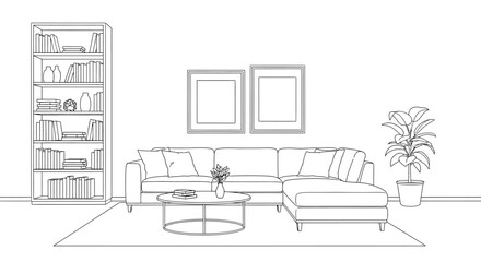 A minimalist living room interior with a sectional sofa bookshelf and framed artwork © Shakil