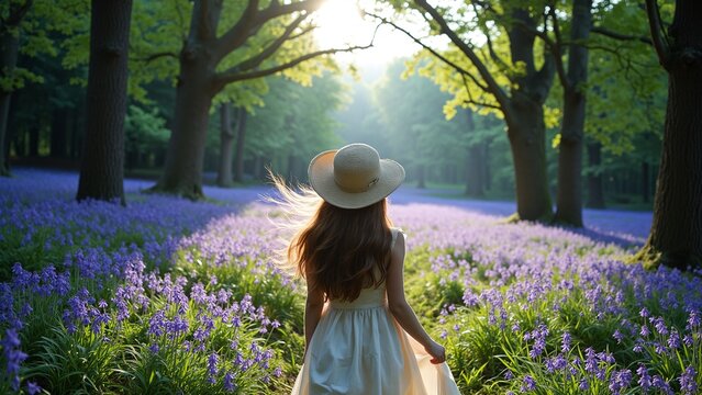 Boho Girl in Bluebell Forest