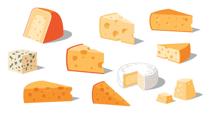 A collection of individual wedges and blocks of various cheese types including camembert and emmental are scattered across a clean white surface area.