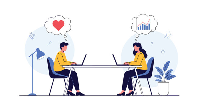 Coworkers sitting at a desk working on laptops while dreaming about different things like love and business growth charts.