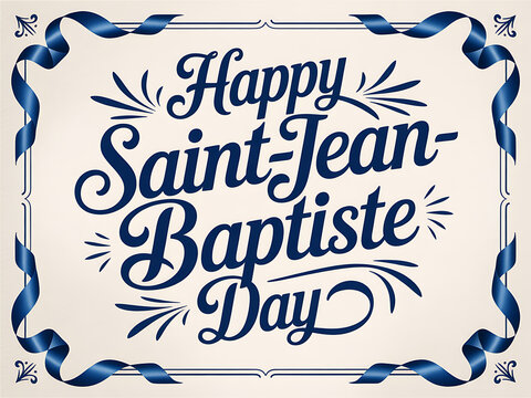 Happy Saint Jean Baptiste Day celebration greeting card  blue text on beige background with ribbons