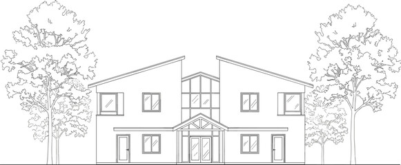 Obraz premium Architectural Front Elevation Drawing of a Two-Story Residential House with Trees for Real Estate and Home Design Illustrations
