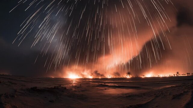 Earth calamity with stars falling from the sky and a dramatic comet rain impacting the planet. Apocalyptic scene symbolizing global disaster, cosmic threat, and the fragility of humanity.