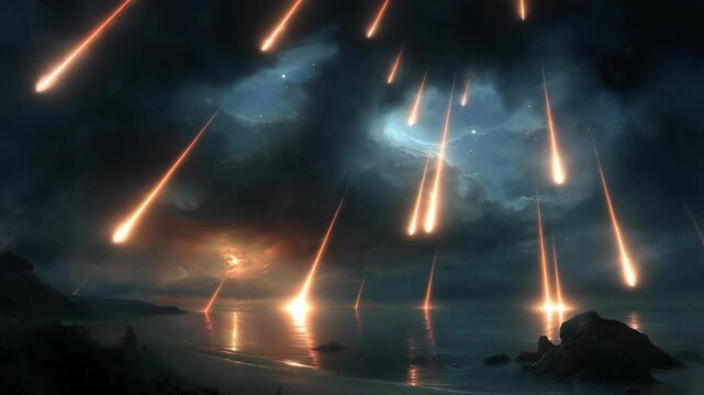 Earth calamity with stars falling from the sky and a dramatic comet rain impacting the planet. Apocalyptic scene symbolizing global disaster, cosmic threat, and the fragility of humanity.