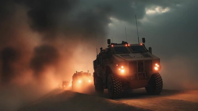 Armored vehicle driving across desert terrain toward a warzone with dust rising into the sky. Military operation scene symbolizing battlefield movement, conflict, and tactical deployment