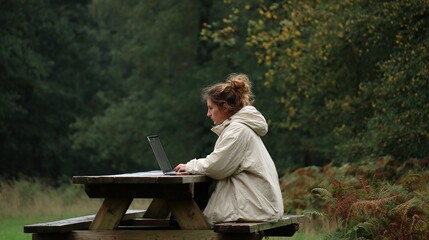 Fototapeta premium Woman in white coat typing on laptop at wooden picnic table surrounded by greenery.