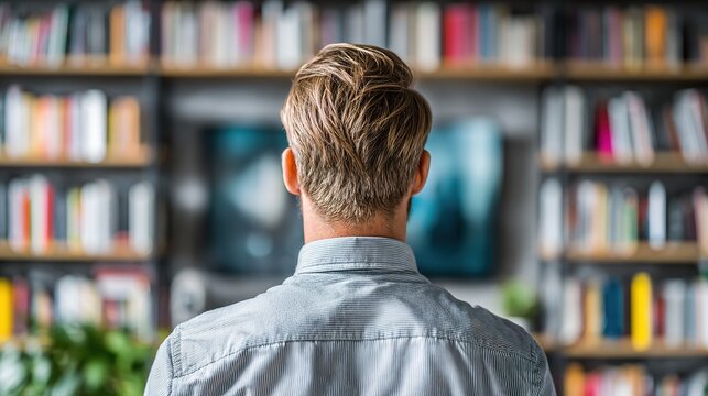 Man perusing bookshelves in library, focusing on titles.