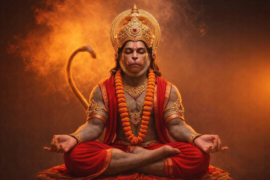 Meditating Hanuman in Divine Aura Spiritual Hindu Deity Portrait