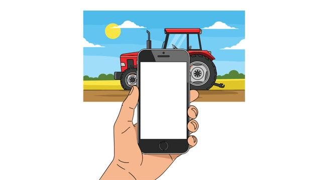 A person holds a sleek black smartphone with a blank white display screen positioned directly in front of a red agricultural tractor in a sunny field.