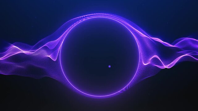 Purple particle wave sphere with glowing energy field and flowing light motion. Abstract cosmic atmosphere, seamless vertical 4K 60fps loop.