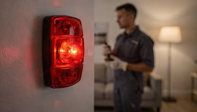 Installer adjusting an alerting light device on a living room wall the flasher illuminated and foreground focused while background remains muted