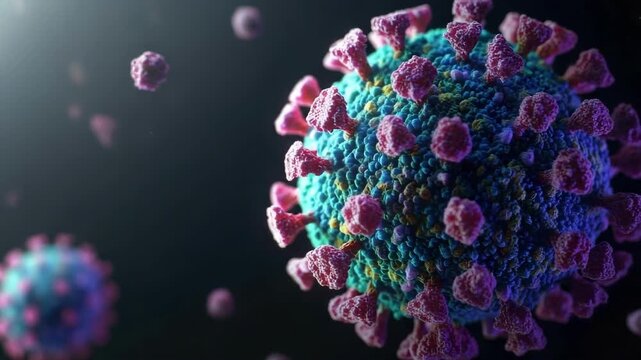 Close-up view of a coronavirus particle with spiky surface. hMPV, Human metapneumovirus