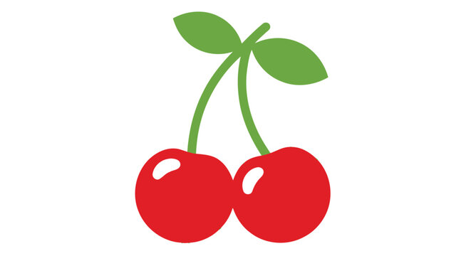 A digital illustration depicts two bright red cherries connected by a curved green stem